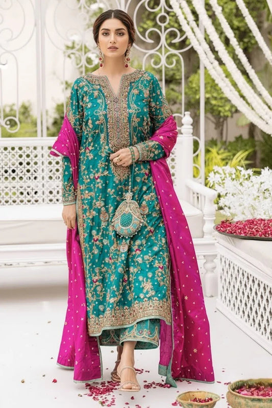 Turquoise Handmade Raw Silk Suit with Shocking Pink Dupatta