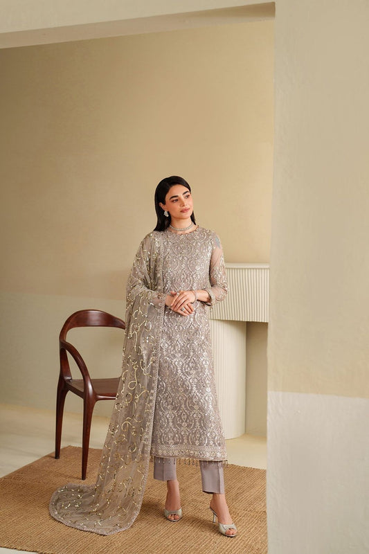 Silver Embroidered Khaddi Net Pakistani Suit Online in Dubai UAE Abudhabi Ajman Sharjah