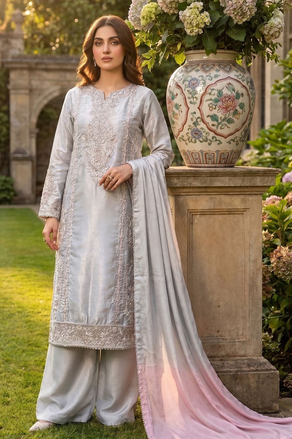 Silver Embroidered Raw Silk Pakistani Suit Online in Dubai UAE Abudhabi Ajman Sharjah