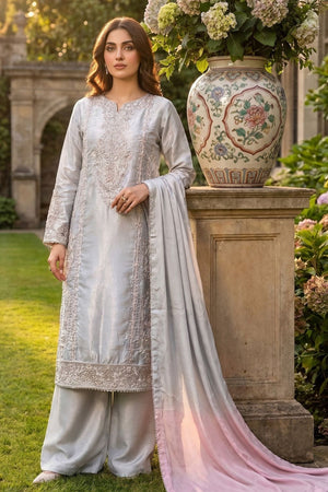 Silver Embroidered Raw Silk Pakistani Suit Online in Dubai UAE Abudhabi Ajman Sharjah