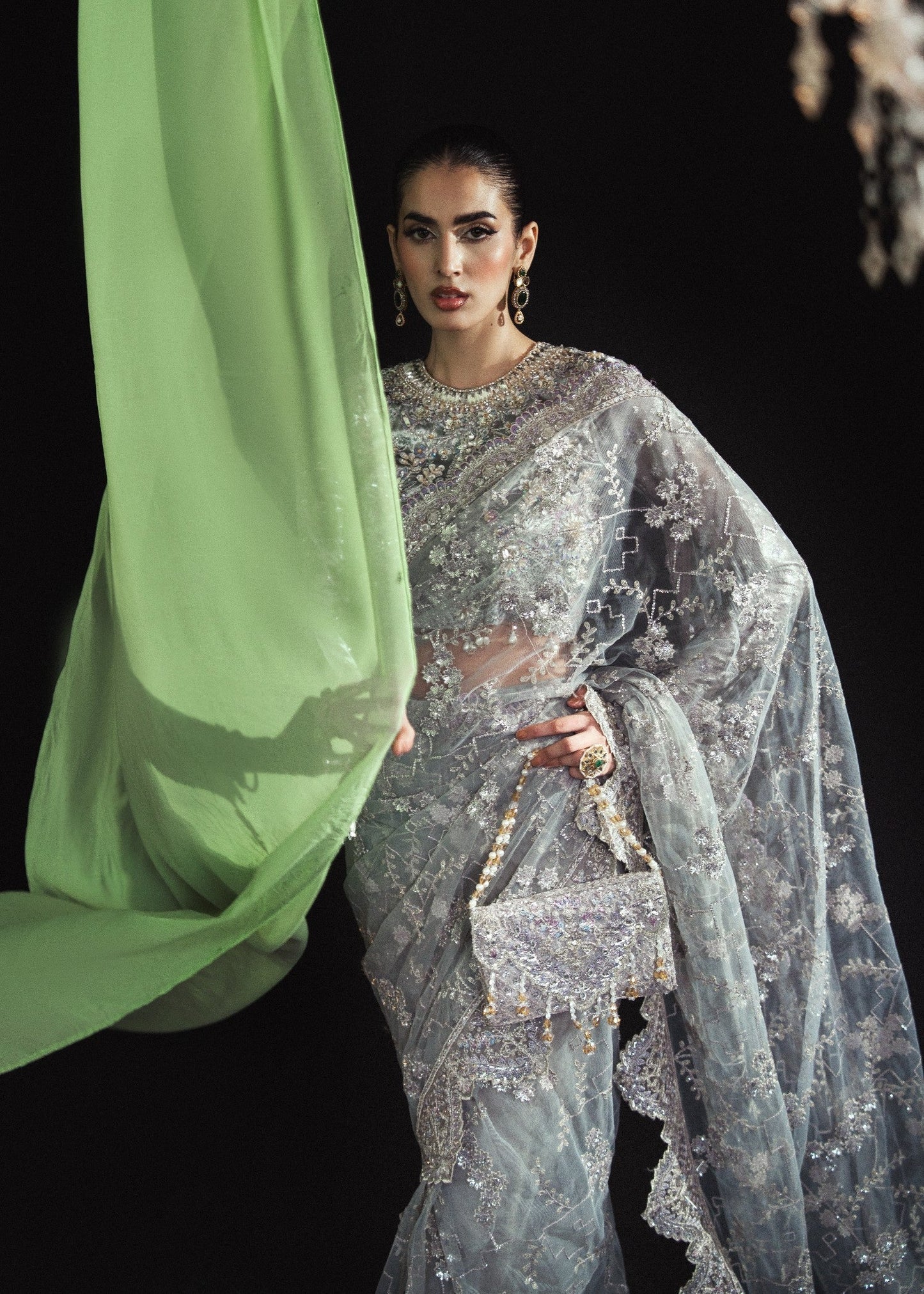 Silver Embroidered Saree with Potli Online in Dubai DXB UAE Abudhabi Meena Bazaar