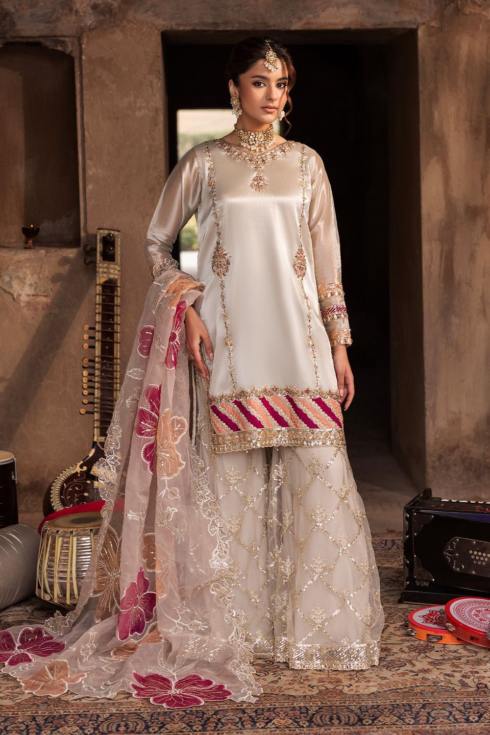 Silver Embroidered Tissue Sharara with Organza Dupatta Online in Dubai UAE Abudhabi Ajman Sharjah