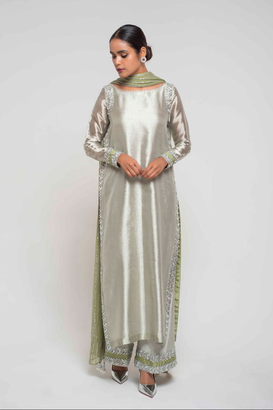 Silver Green Mirror Work Maysuri Partywear Suit Online in Dubai UAE Abudhabi Ajman Sharjah