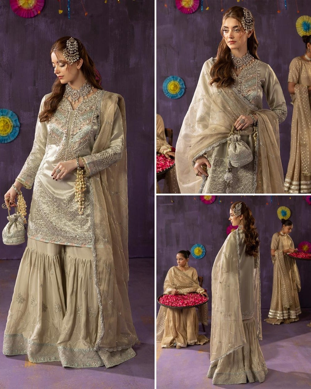 Silver Hand Embellished Gharara with Potli Bag Online in Dubai DXB UAE Abudhabi Meena Bazaar