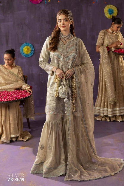 Silver Hand Embellished Lama Tissue Gharara Online in Dubai UAE Abudhabi Ajman Sharjah