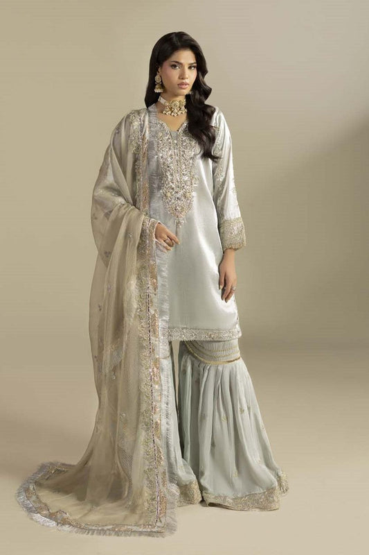 Silver Hand Embellished Silk Gharara Set Online in Dubai UAE Abudhabi Ajman Sharjah