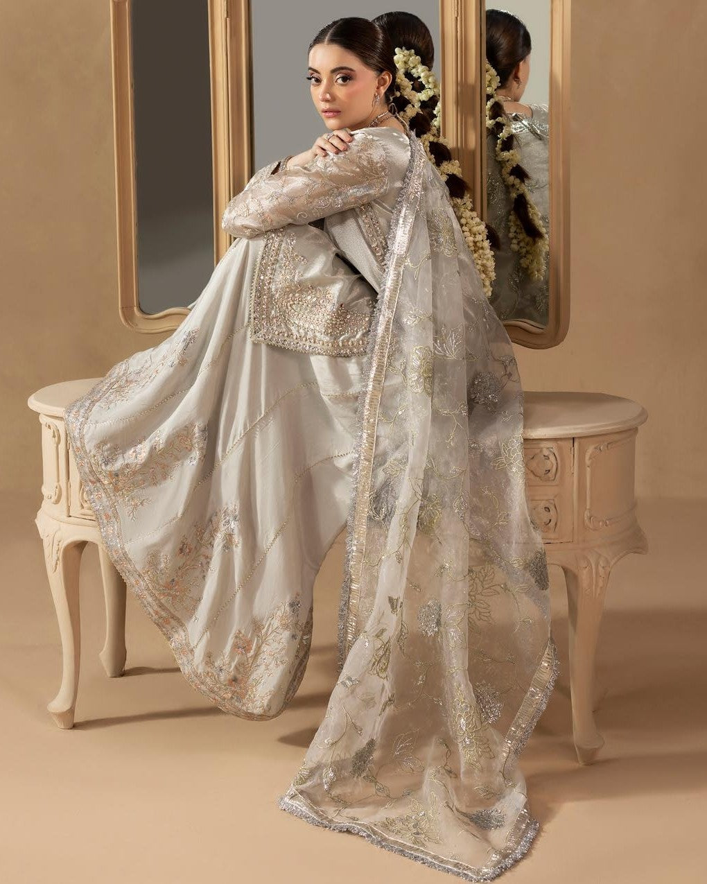 Silver Hand Embroidered Pakistani Wedding Sharara Suit Online in Dubai UAE Abudhabi Ajman Sharjah