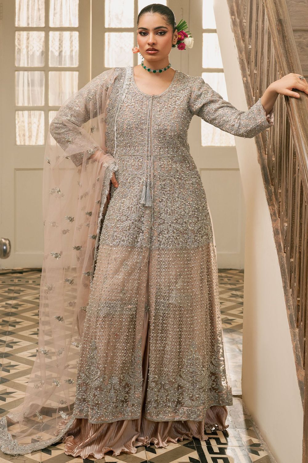 Silver Mauve Embroidered Silk Gharara Suit Online in Dubai UAE Abudhabi Ajman Sharjah