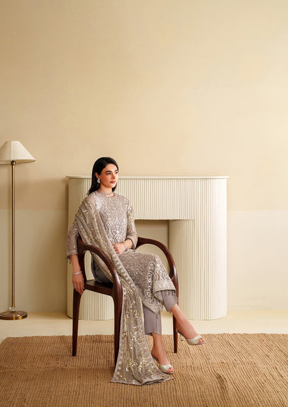 Silver Net Embroidered Pakistani Designer Suit Online in KSA Riyadh Saudi Arabia Oman Bahrain Qatar