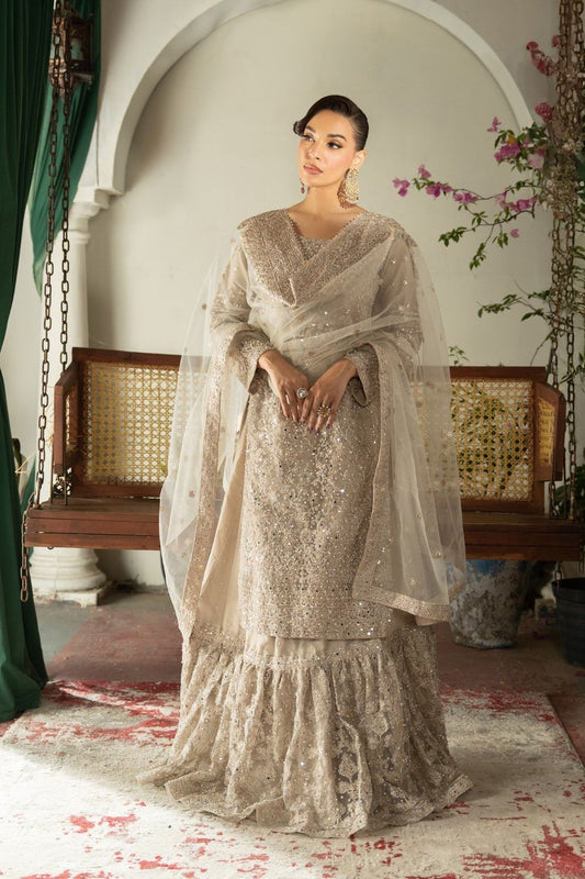 Silver Net Flared Gharara Wedding Guest Suit Online in Dubai UAE Abudhabi Ajman Sharjah