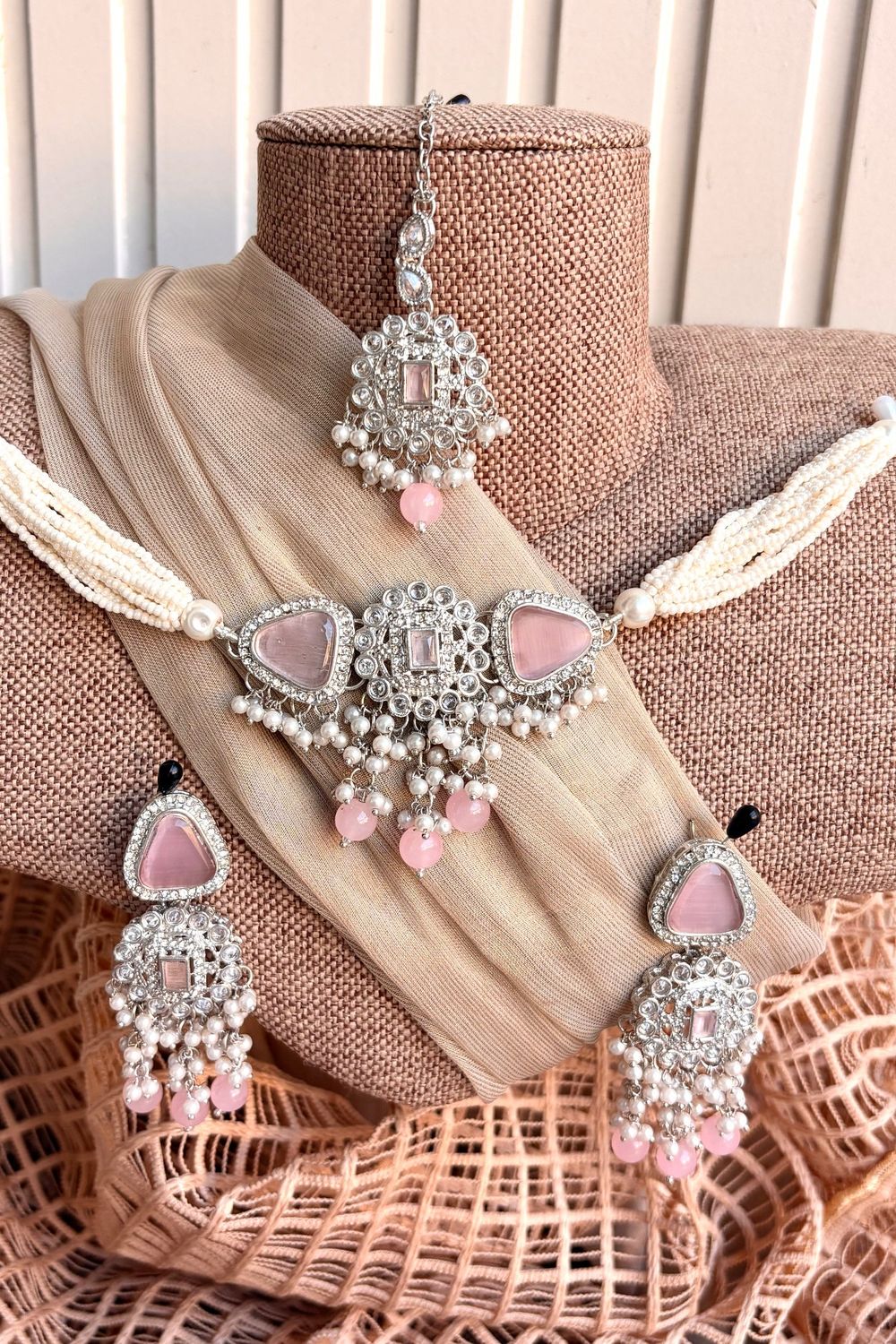 Silver Pink Ziraya Choker Jewellery Set Online in Dubai UAE Abudhabi Ajman Sharjah