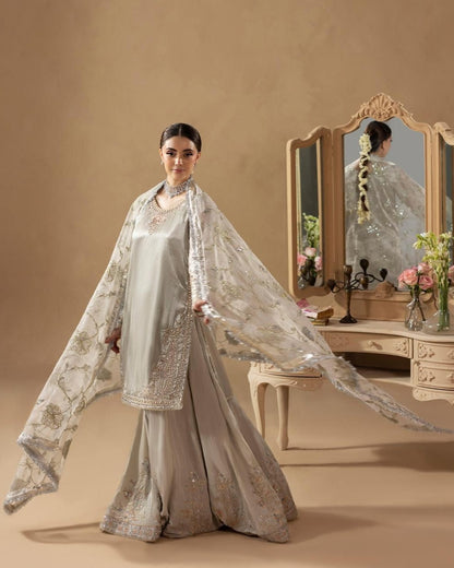 Silver Resham Embroidered Organza Dupatta Sharara Set Online in Sri Lanka India Australia