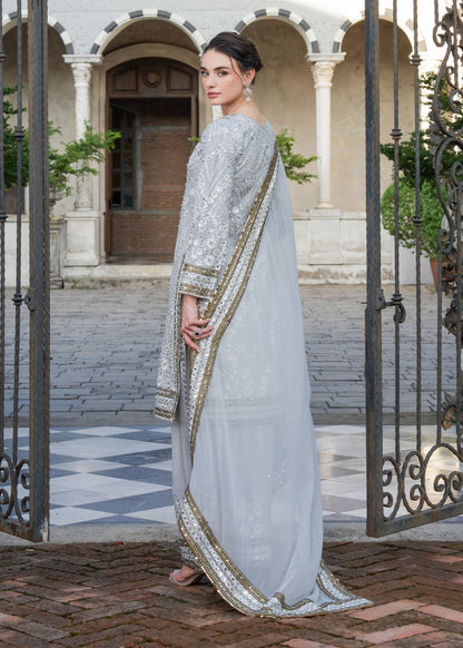 Silver Threadwork Duck Egg Grey Chiffon Suit Online in Dubai DXB UAE Abudhabi Meena Bazaar