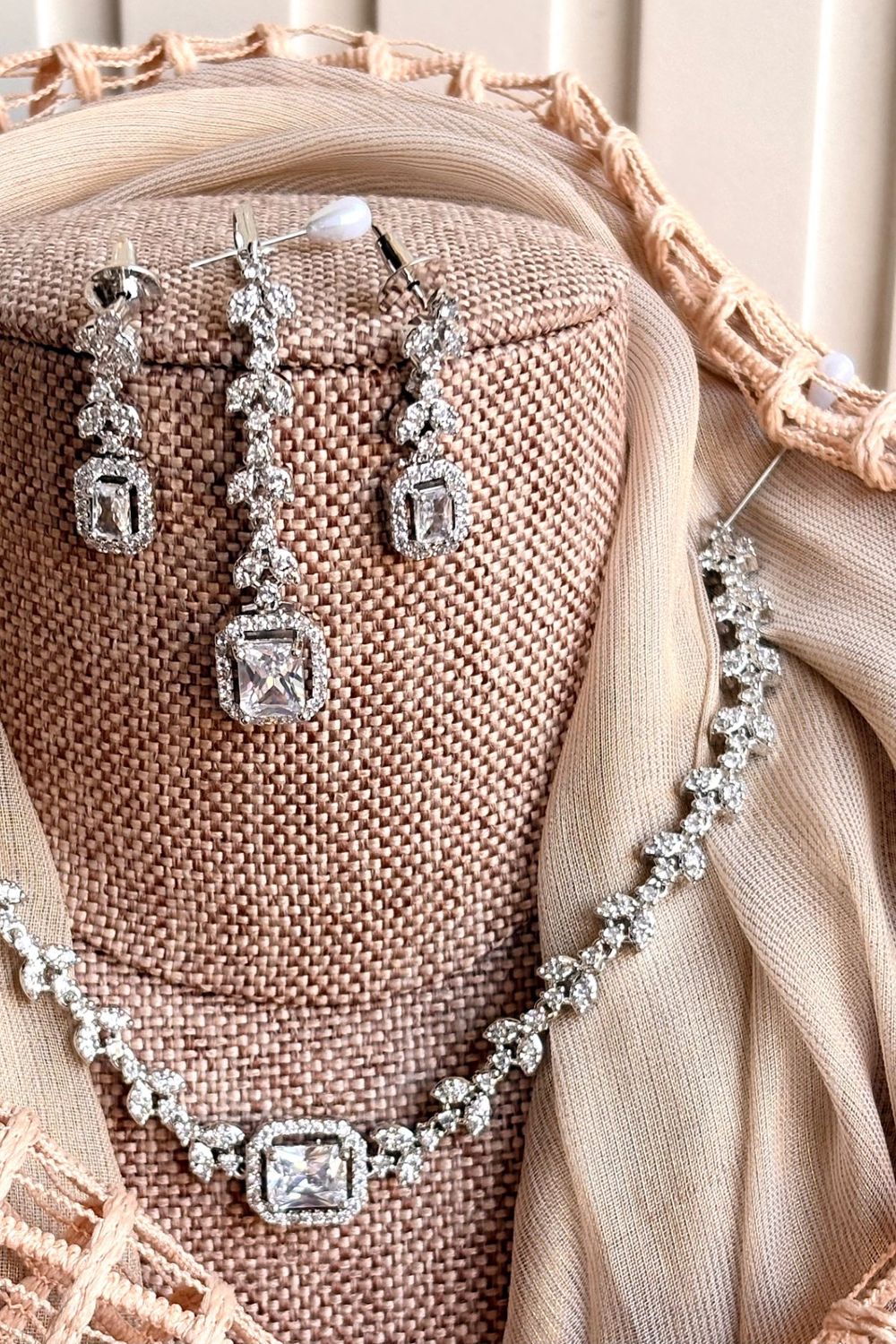 Silver Tone Zircon Stone Necklace Set Online in Dubai UAE Abudhabi Ajman Sharjah