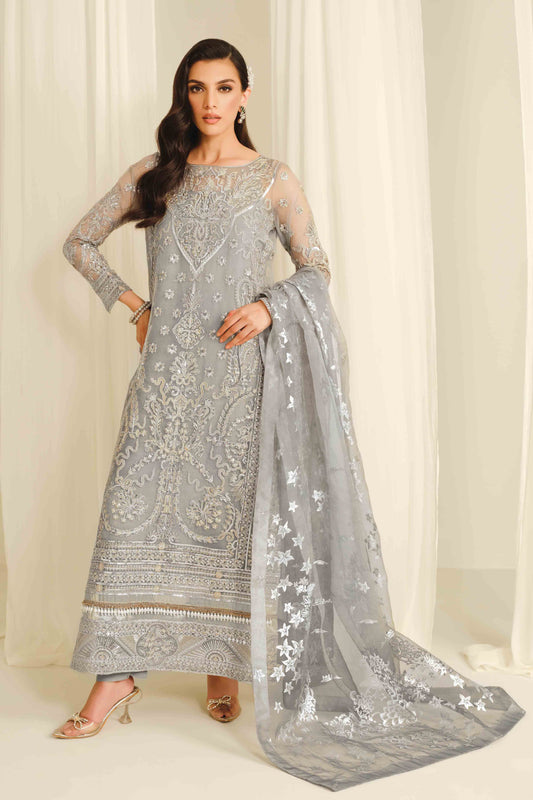 Steel Grey Embroidered Organza Suit