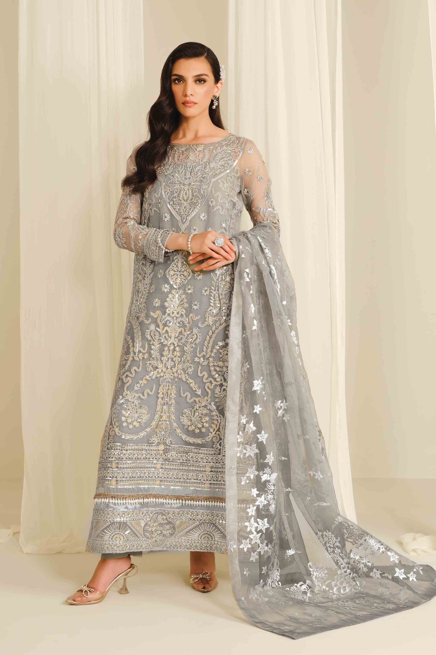 Steel Grey Embroidered Organza Suit