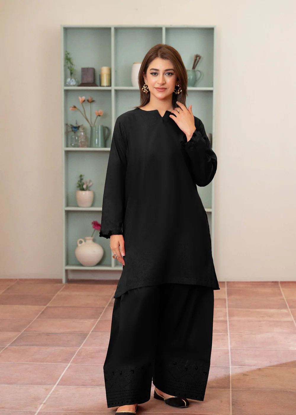 Black Cotton Farshi Shalwar Suit with Pearl Details