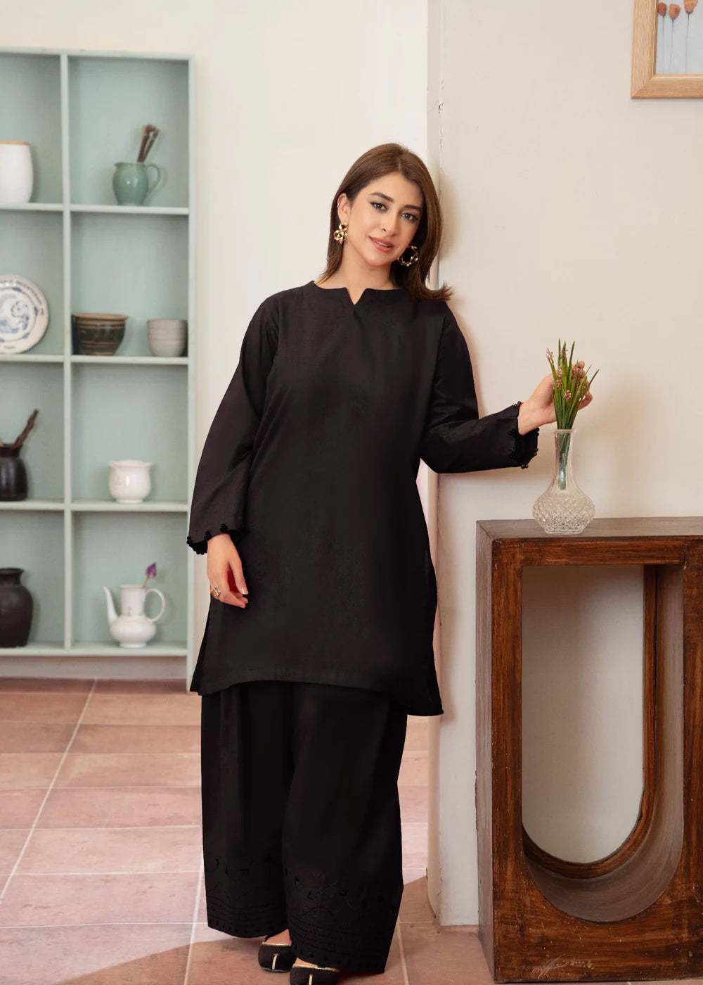 Black Cotton Farshi Shalwar Suit with Pearl Details