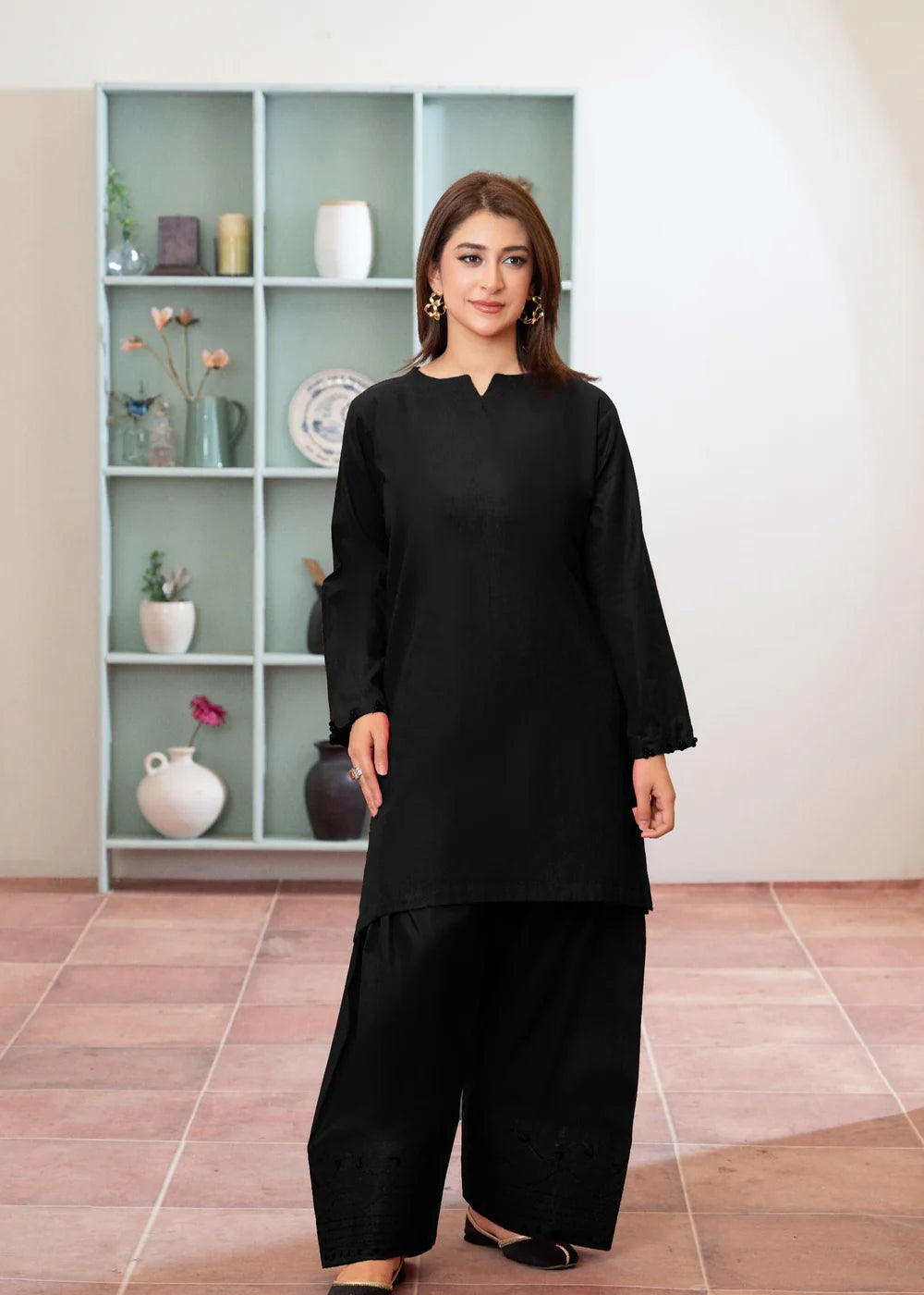 Black Cotton Farshi Shalwar Suit with Pearl Details