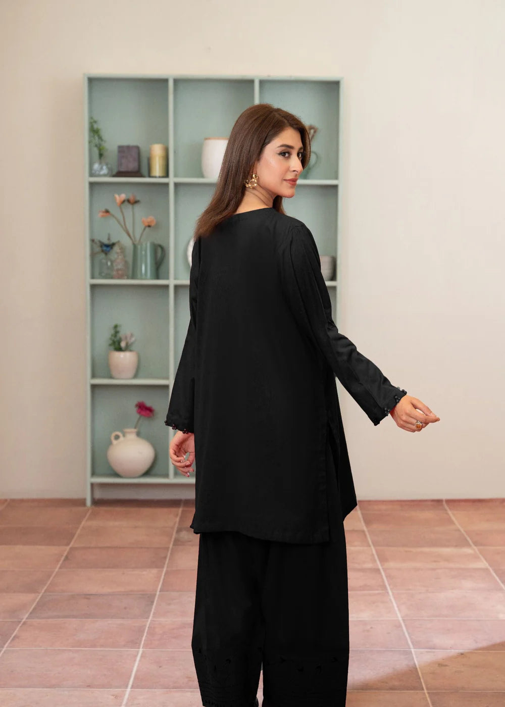Black Cotton Farshi Shalwar Suit with Pearl Details