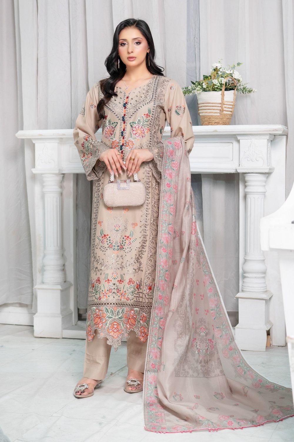 Skin Embroidered Festive Lawn Salwar Kameez Online in Dubai UAE Abudhabi Ajman Sharjah