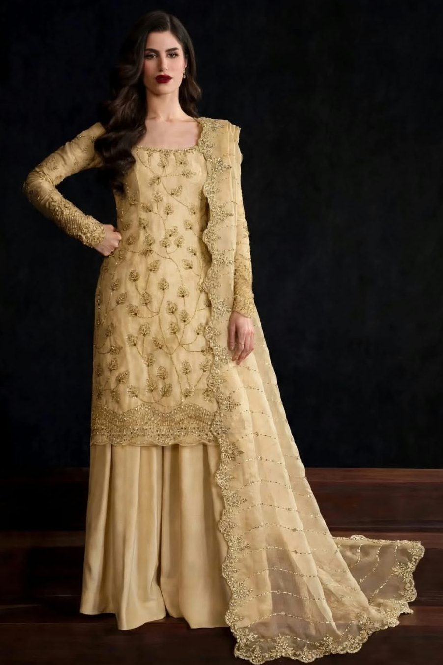 Skin Beige Pure Crinkle Chiffon Suit with Cutdana Work