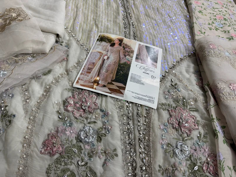 Skin Beige Embellished Pure Chiffon Designer Suit