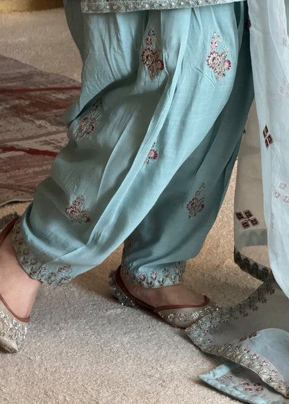 Sky Blue 3 Piece Raw Silk Festive Wear Suit Online in Sri Lanka India Australia