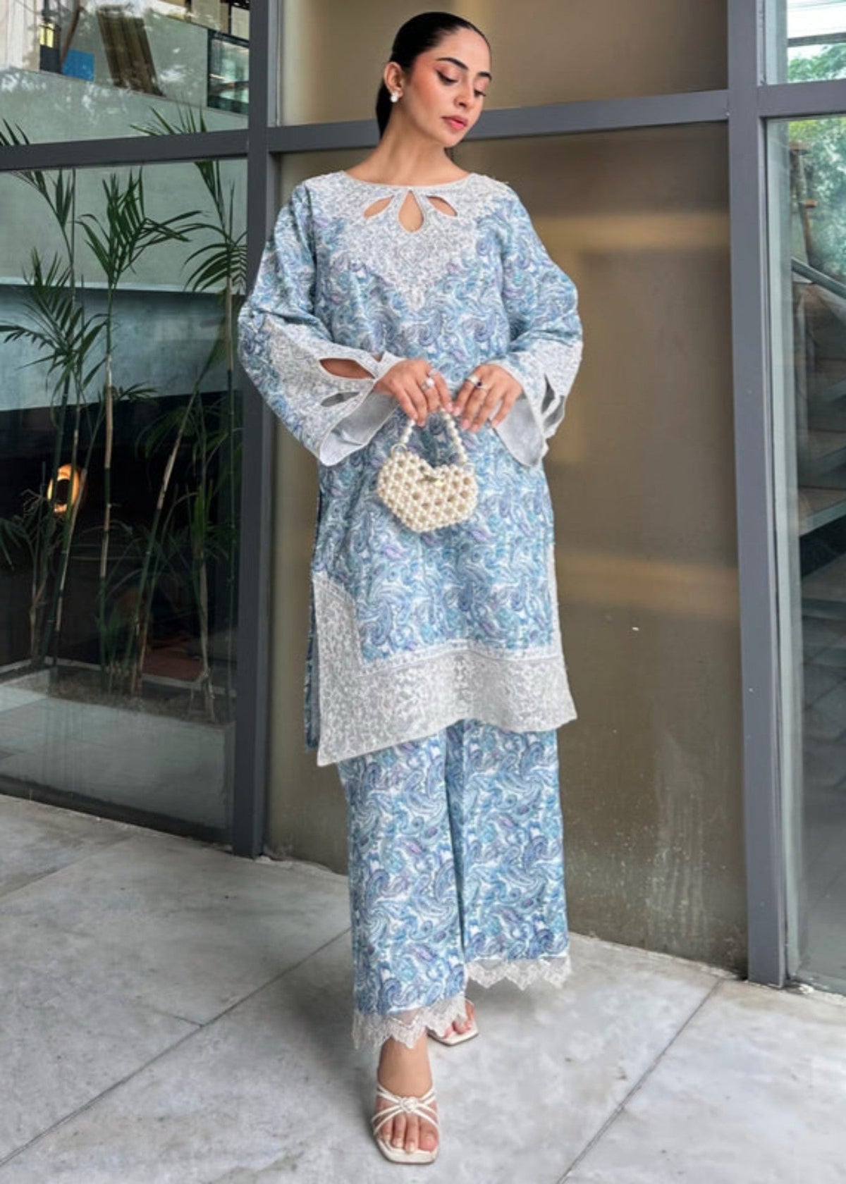 Sky Blue Cambric Cotton Embroidered Salwar Suits for Women Online in Dubai UAE Abudhabi Ajman Sharjah