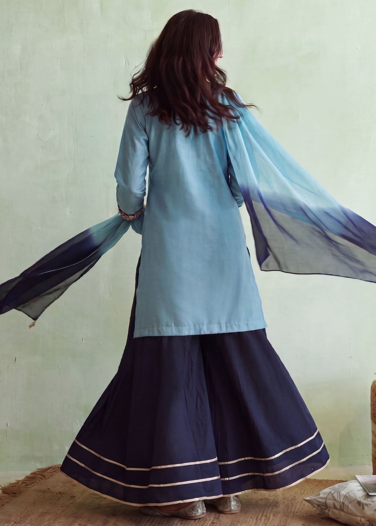 Sky Blue Chiffon Dupatta Sharara Pakistani Suit Online in KSA Riyadh Saudi Arabia Oman Bahrain Qatar