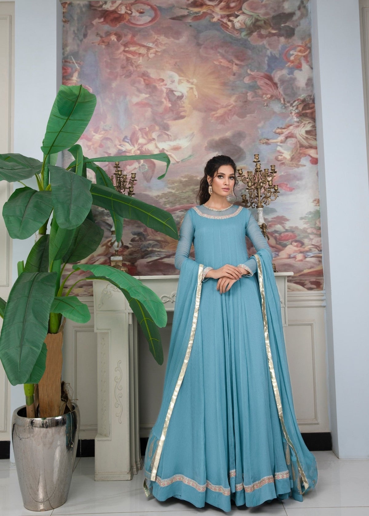 Sky Blue Chiffon Embroidered Sharara Pakistani Suit Online in KSA Riyadh Saudi Arabia Oman Bahrain Qatar