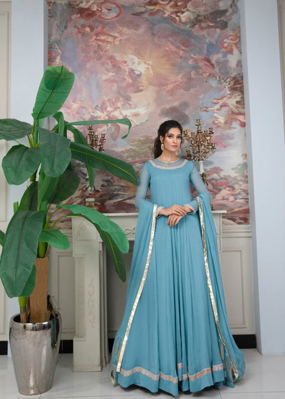 Sky Blue Chiffon Embroidered Sharara Pakistani Suit Online in KSA Riyadh Saudi Arabia Oman Bahrain Qatar