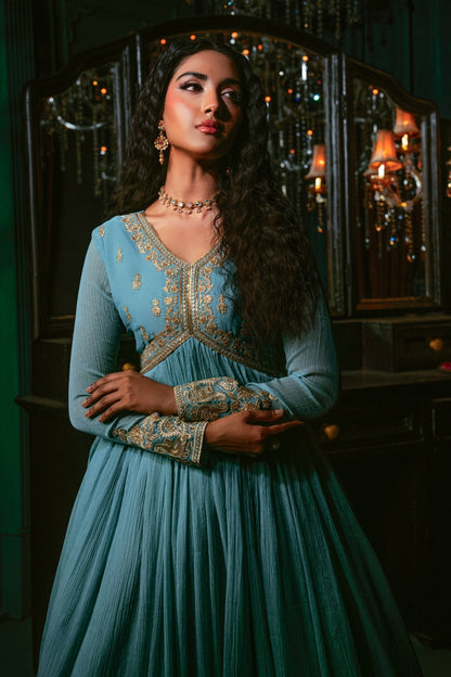Sky Blue Chiffon Pishwas Suit with Dupatta Online in Dubai UAE Abudhabi Ajman Sharjah