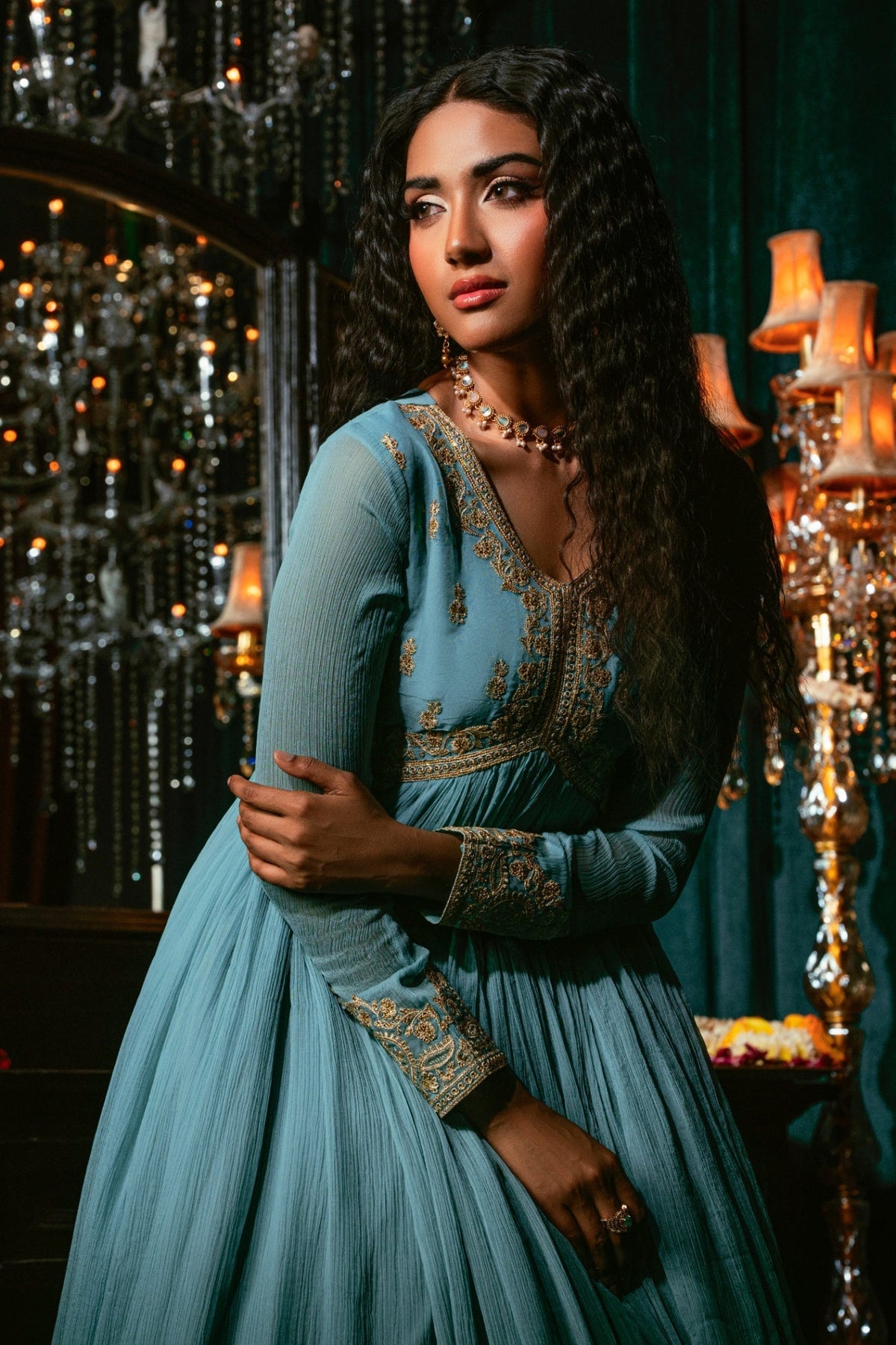 Sky Blue Chiffon Pishwas Suit with Sequin Embroidery Online in Dubai UAE Abudhabi Ajman Sharjah