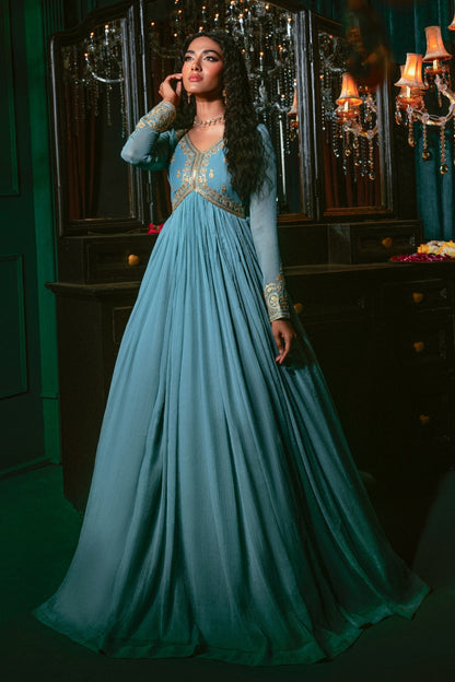 Sky Blue Chiffon Pishwas with Gold Embroidery Online in Sri Lanka India Australia