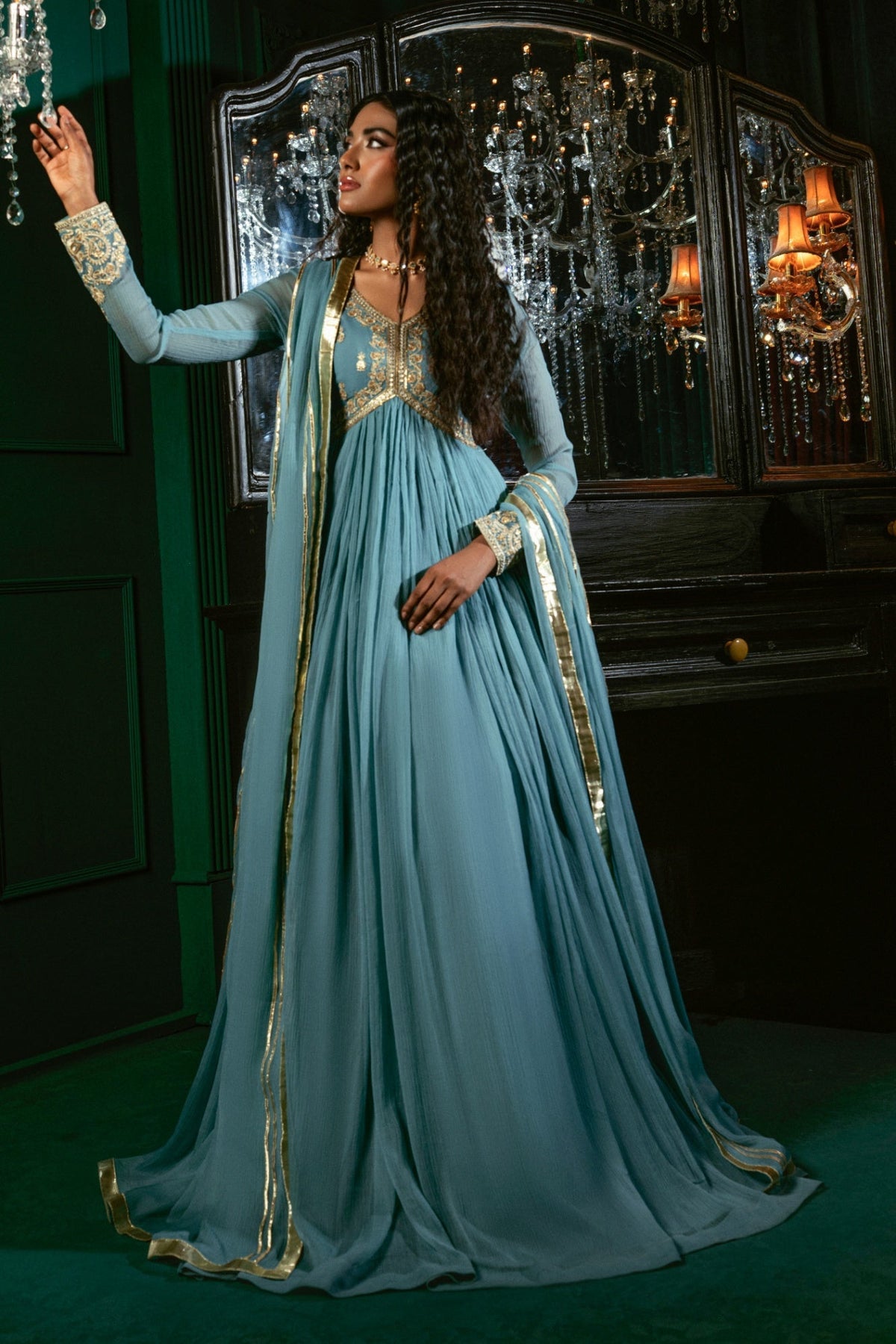 Sky Blue Chiffon Pishwas with Zari Work Online in Sri Lanka India Australia