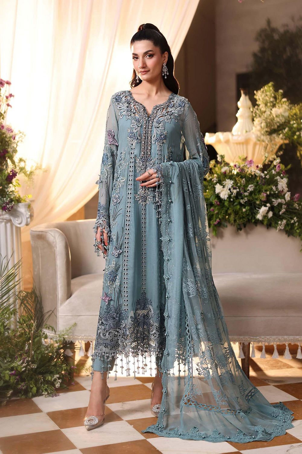Sky Blue Chikankari Chiffon Salwar Suit Online in Dubai UAE Abudhabi Ajman Sharjah