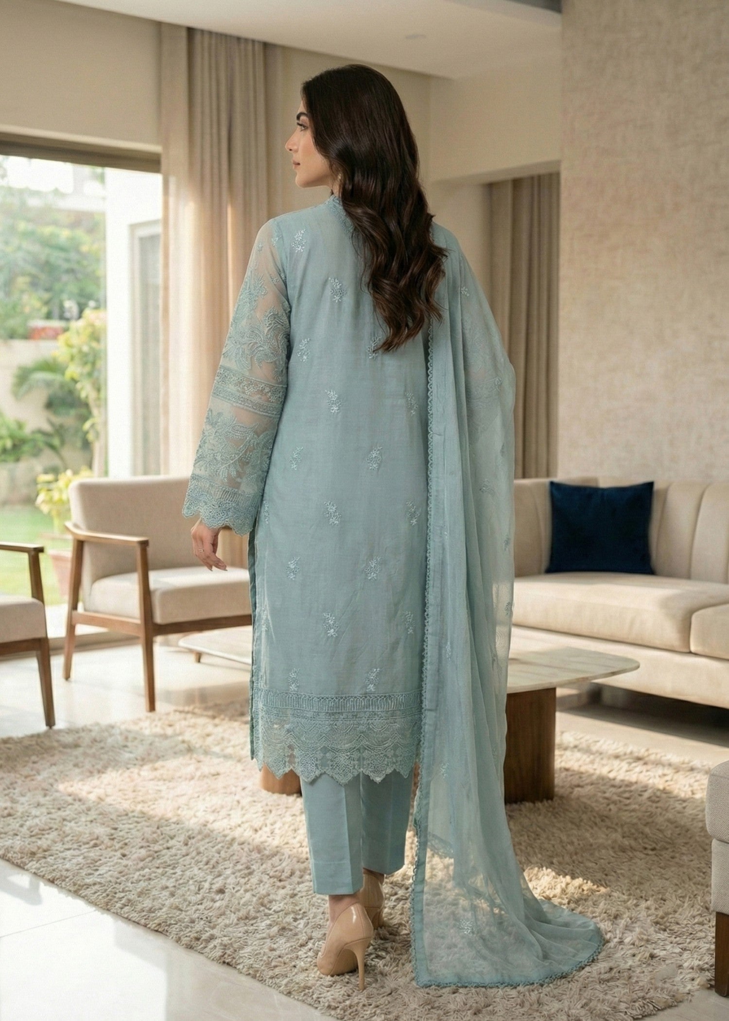 Sky Blue Chikankari Cotton Straight Kurta Suit Online in Dubai UAE Abudhabi Ajman Sharjah