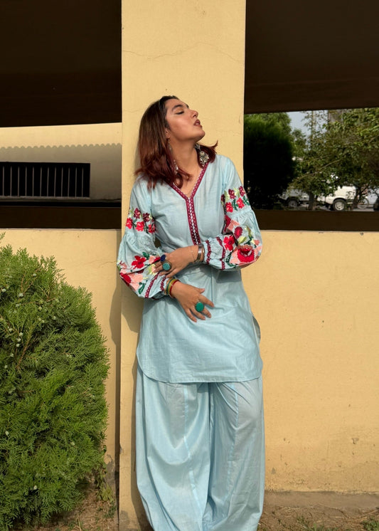 Sky Blue Cotton Kurta Set with Balloon Shalwar Online in KSA Riyadh Saudi Arabia Oman Bahrain Qatar