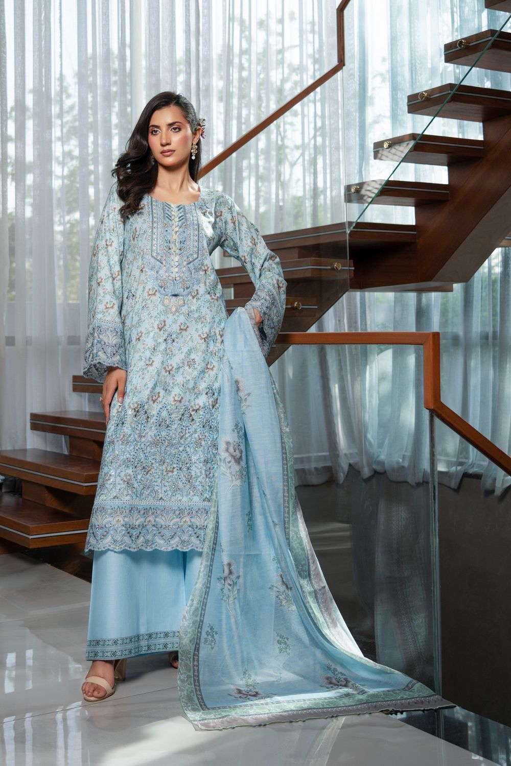Sky Blue Digital Printed Lawn Suit Online in Dubai UAE Abudhabi Ajman Sharjah