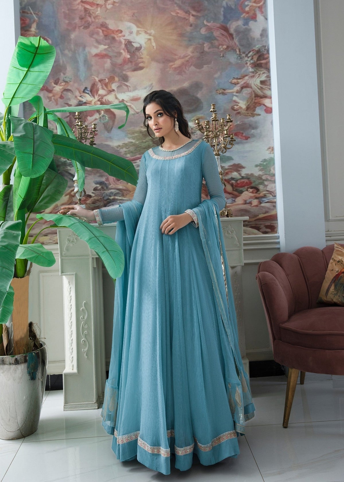 Sky Blue Embellished Chiffon Pishwas Pakistani Wedding Dresses Online in KSA Riyadh Saudi Arabia Oman Bahrain Qatar