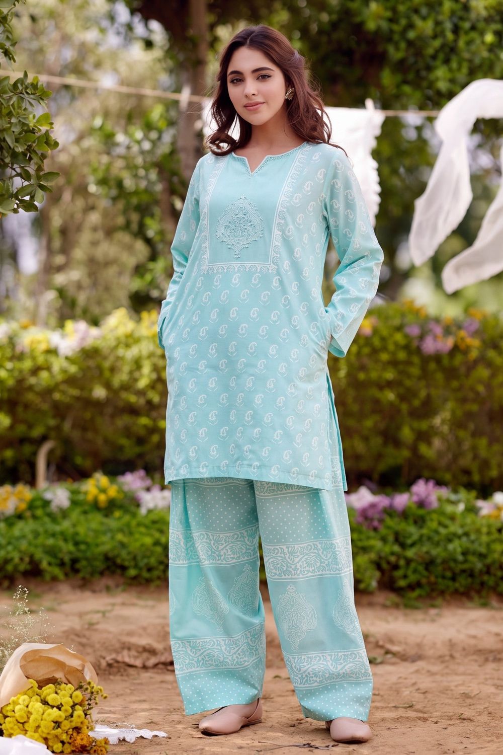 Sky Blue Embellished Lawn Kurta Set Online in Dubai UAE Abudhabi Ajman Sharjah