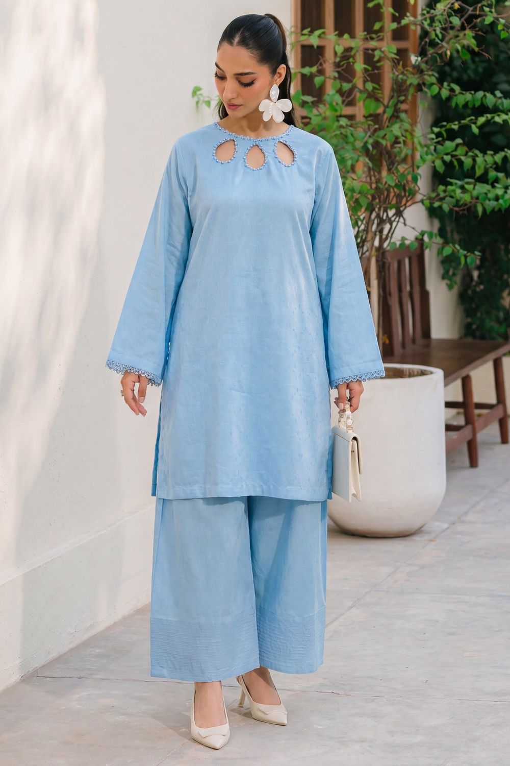 Sky Blue Embellished Textured Lawn Kurta Set Online in Dubai UAE Abudhabi Ajman Sharjah