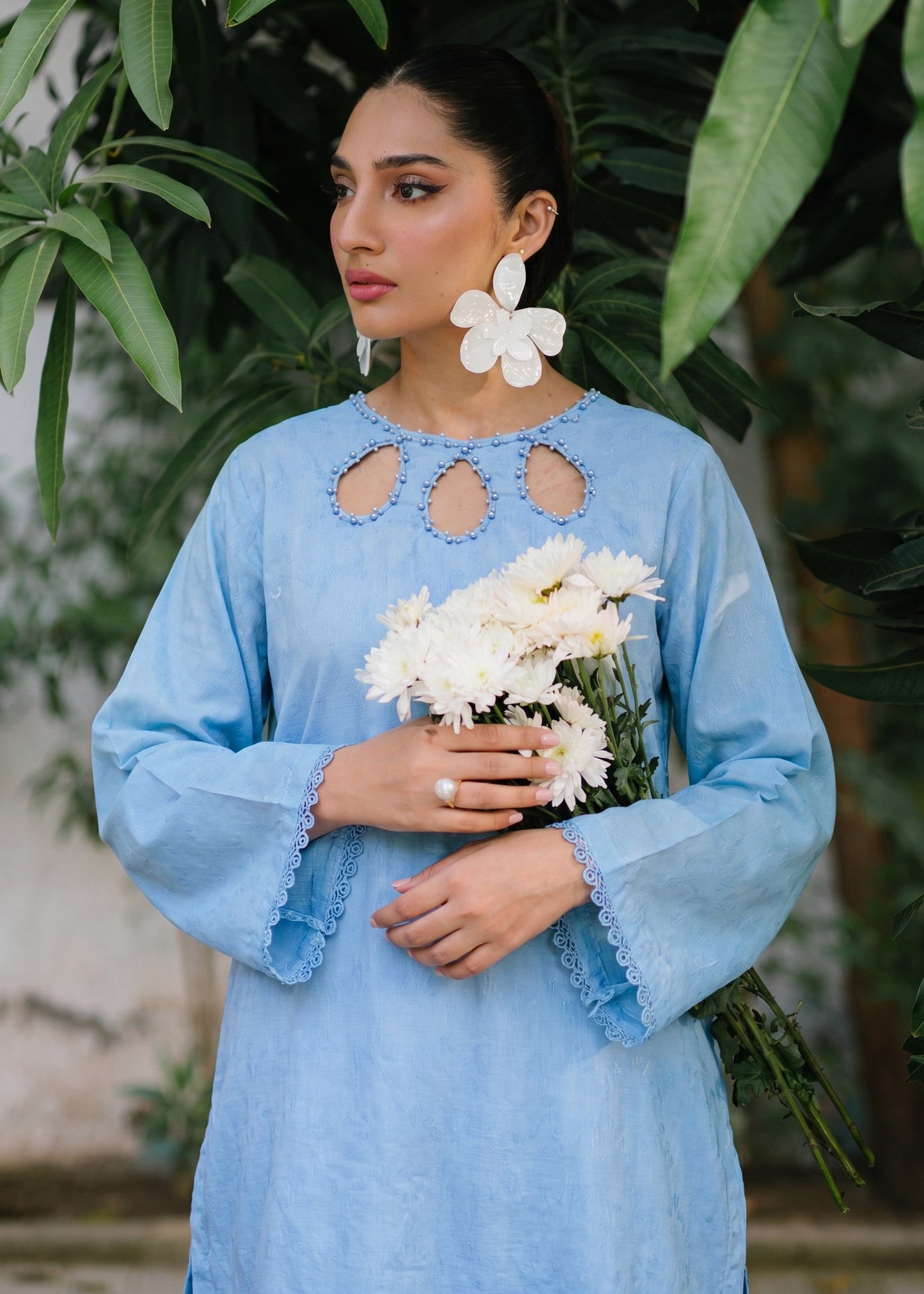 Sky Blue Embellished Textured Lawn Ladies Suit Online in Dubai DXB UAE Abudhabi Meena Bazaar