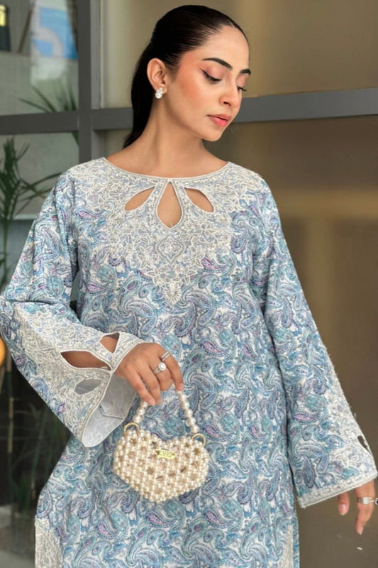 Sky Blue Embroidered Cambric Cotton Pakistani Suit Online in Dubai UAE Abudhabi Ajman Sharjah