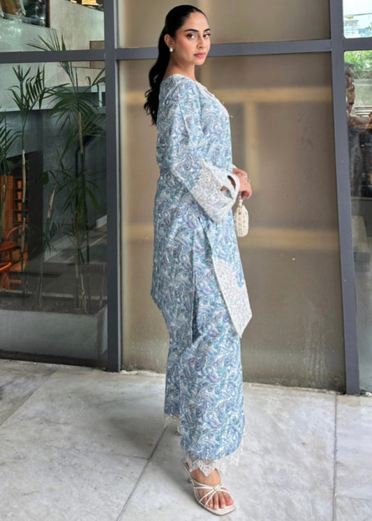 Sky Blue Embroidered Cambric Cotton Unstitched Suit Online in Dubai DXB UAE Abudhabi Meena Bazaar
