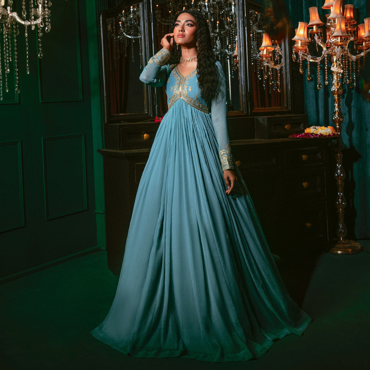 Sky Blue Embroidered Chiffon Pakistani Designer Suit Online in Dubai DXB UAE Abudhabi Meena Bazaar