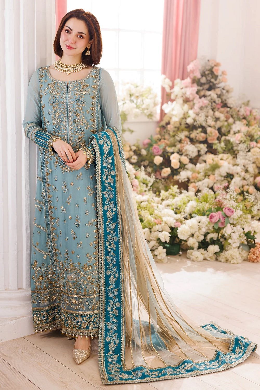 Sky Blue Embroidered Chiffon Partywear Suit Online in Dubai UAE Abudhabi Ajman Sharjah