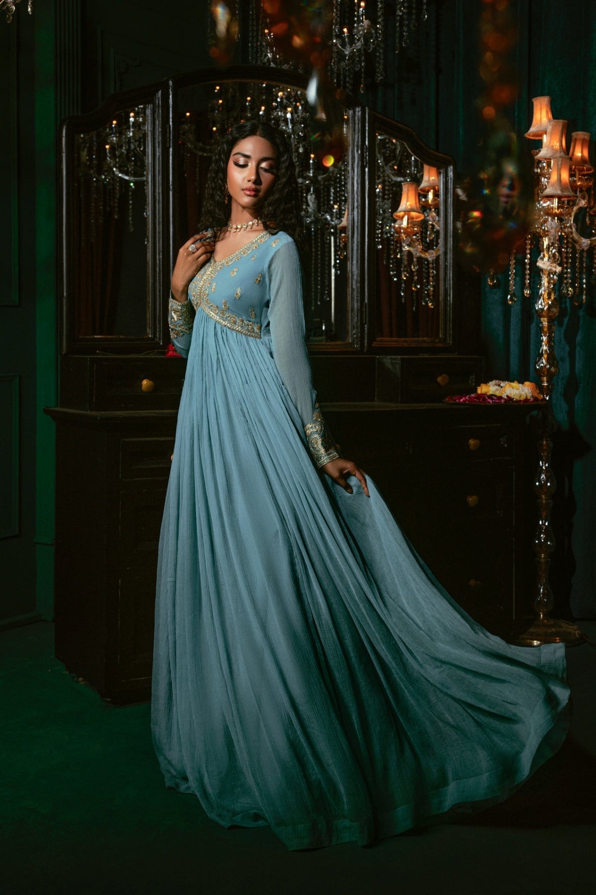 Sky Blue Embroidered Chiffon Partywear Suit Online in UK USA Canada