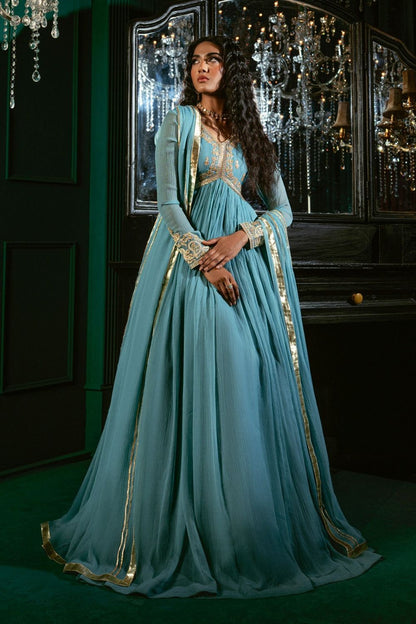 Sky Blue Embroidered Chiffon Pishwas Suit Online in Dubai UAE Abudhabi Ajman Sharjah